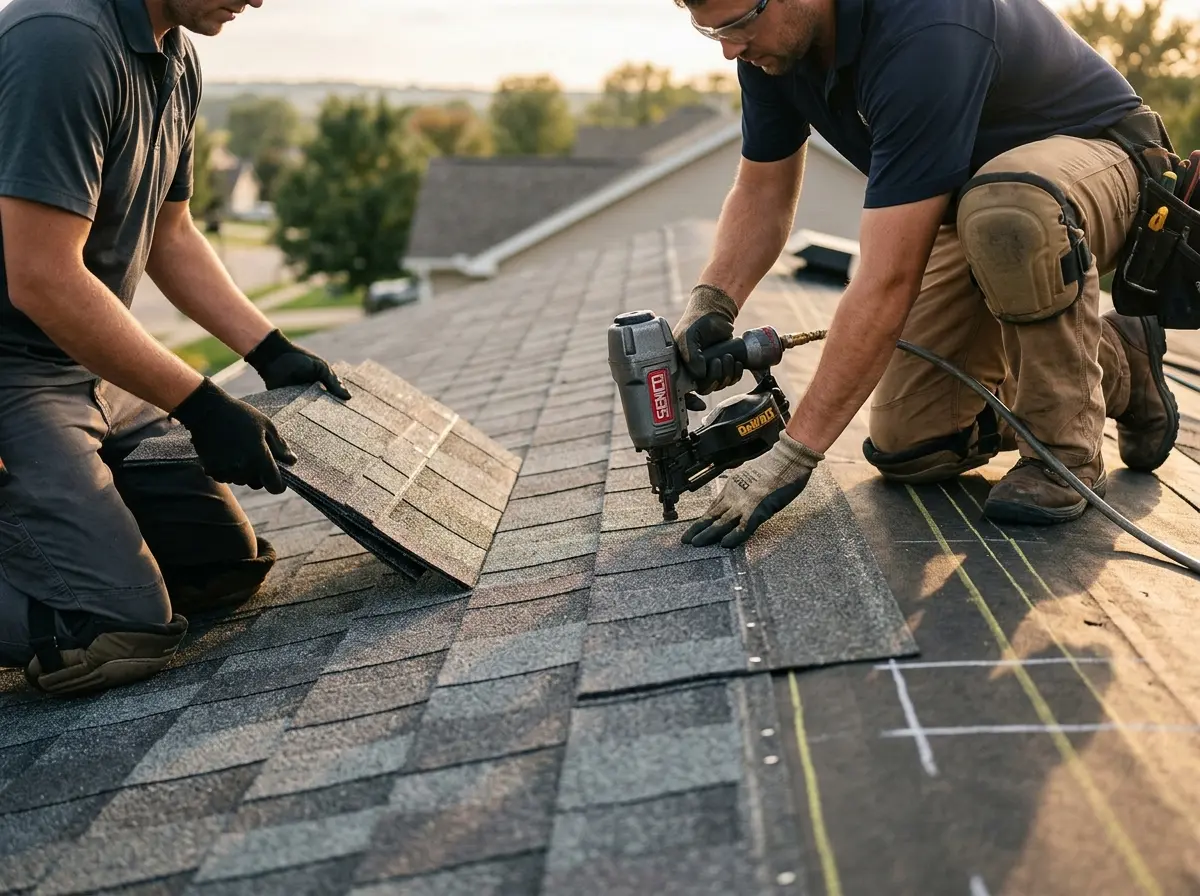 Professional roofer working on a residential roof in Lemoore